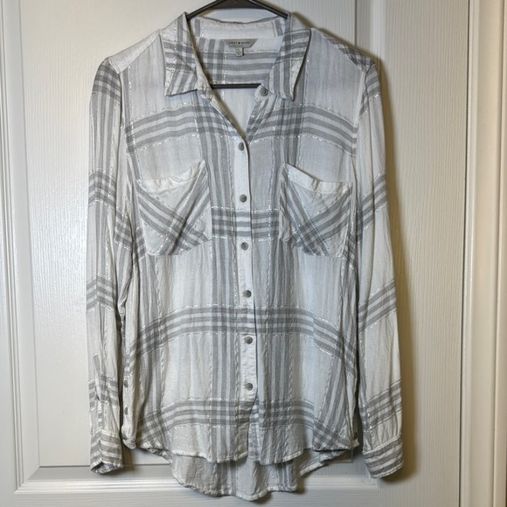 Lucky Brand White Gray Sripe Long Sleeve Blouse Size Large EUC #2606